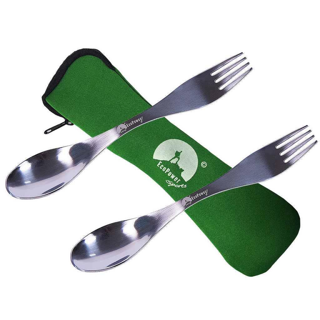 ECOPOWER SPORTS 2x1 sporks, spoon and fork combo plus portable pouch, environmentally friendly and resistant, perfect for camping and hiking.