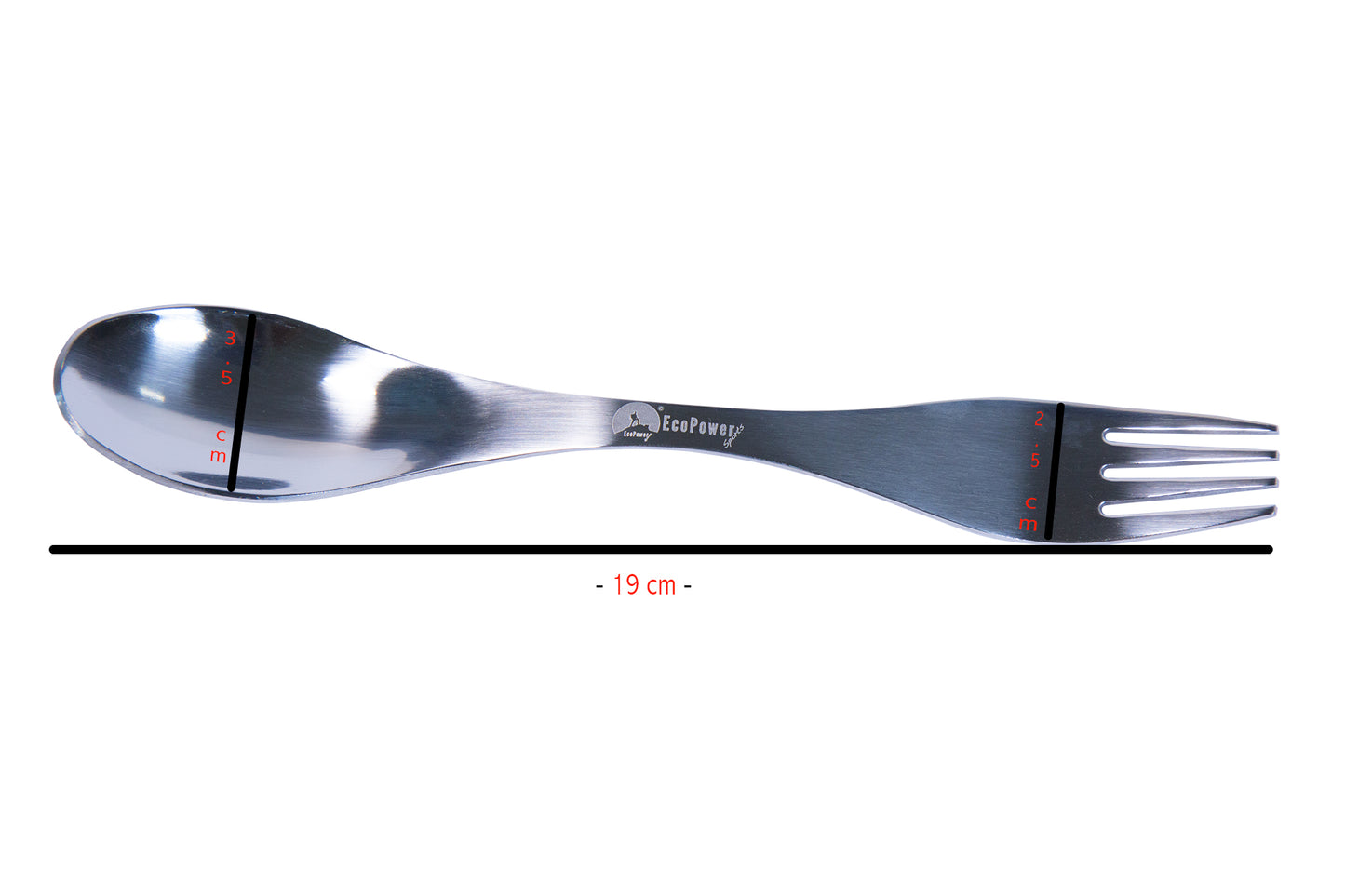 ECOPOWER SPORTS® measures are, 3.5cm wide on the spoon side, 2.5 cm wide in the fork side and 19 cm long, in the centre is is thiner for better grasp.